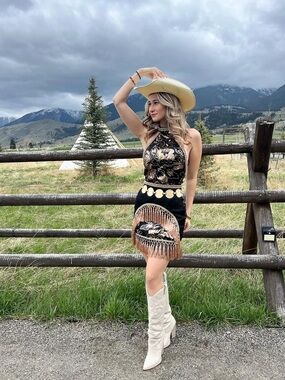 12th Tribe Black & Gold Embroidered Fringe Mini dress